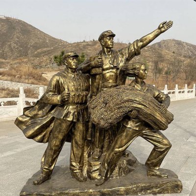 景区园林摆放玻璃钢仿铜红色文化工农兵人物雕塑 