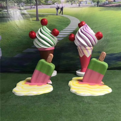 网红冰激凌店铺玻璃钢创意融化的冰激凌雕塑 冰激凌雕塑玻璃钢工作室座椅喷泉