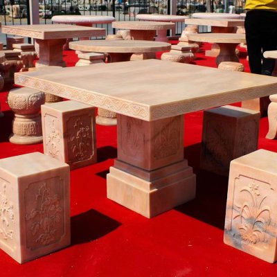 庭院摆放天然晚霞红雕刻休息方桌石凳 石凳雕塑庭院绿色价格表大型