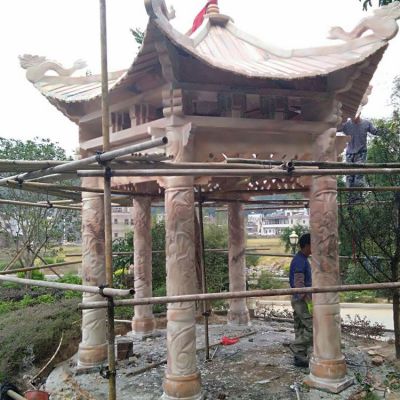 晚霞红石雕中式古建筑凉亭雕塑 