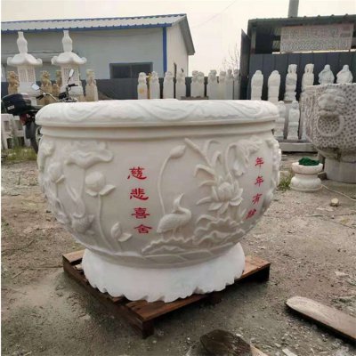 园林景观青石浮雕大型汉白玉四合院水缸雕塑 