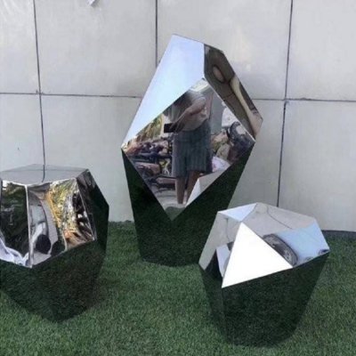 不锈钢镜面抽象景观几何石头雕塑 