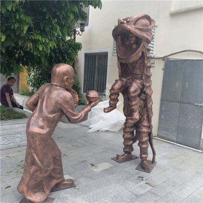 情景小品玻璃钢仿铜舞狮的人物雕塑 