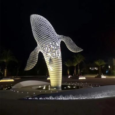 不锈钢金属创意大型亮化景观网格鲸鱼雕塑 鲸鱼雕塑作品十字草图塑胶