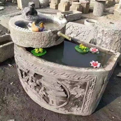 青石石雕户外园林景观流水生财半圆水缸雕塑 