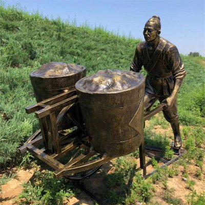 民俗小品玻璃钢仿铜推推车人物景观 