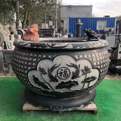 别墅院子摆放仿古青石浮雕荷花养鱼水缸 