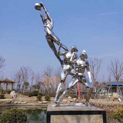 园林户外不锈钢镜面抽象打篮球的人物雕塑 打篮球雕塑运动尺寸想法简笔