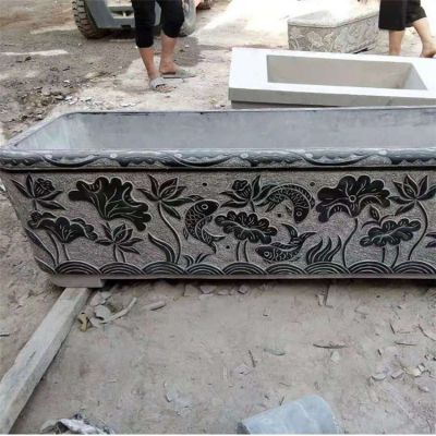 仿古做旧长方形鱼缸摆件 鱼缸雕塑石雕汉白玉尺寸底座