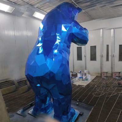 不锈钢大型几何蓝色熊雕塑 