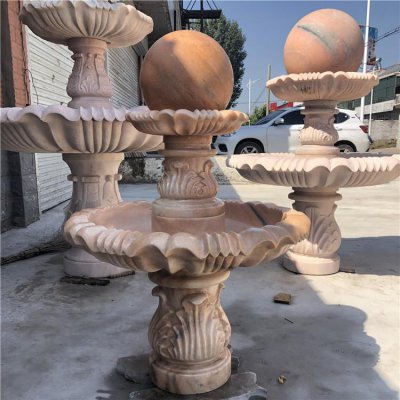 别墅小区晚霞红石雕风水球喷泉雕塑 风水球雕塑价格方形墓地厂区