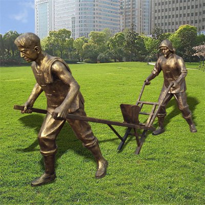 民俗文化玻璃钢仿铜耕地的情景人物小品摆件 