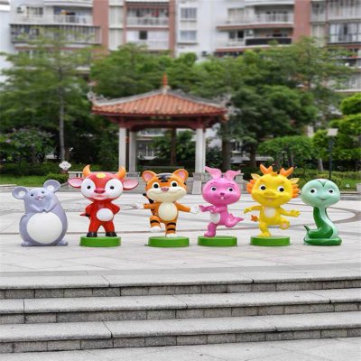 玻璃钢卡通十二生肖商场户外装饰摆件 生肖雕塑图片泥雕十二不锈钢