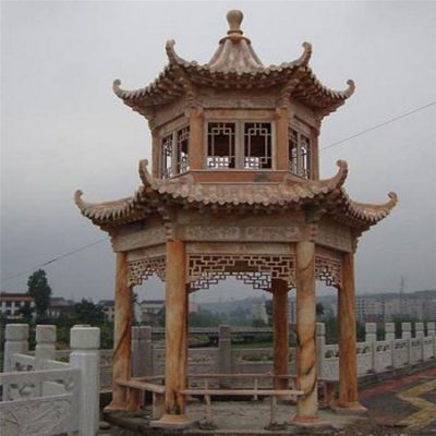 景观户外晚霞红石雕双层景观凉亭雕塑 