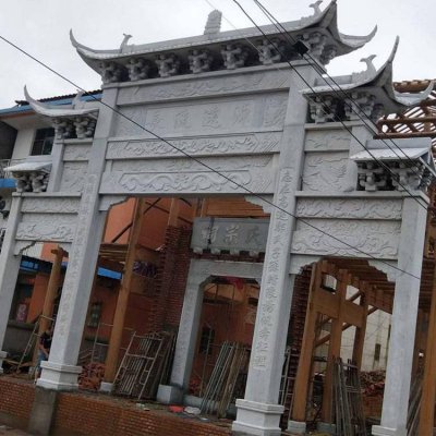 青石石雕三门四柱景观中式凉亭雕塑 