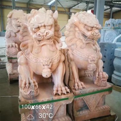 别墅大门摆放招财镇宅晚霞红石雕狮子一对 狮子雕塑价格拴马桩文物红烧