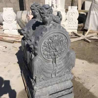 黑色大理石石雕招财镇宅门墩抱鼓石雕塑 石门墩雕塑青石物件底座年代