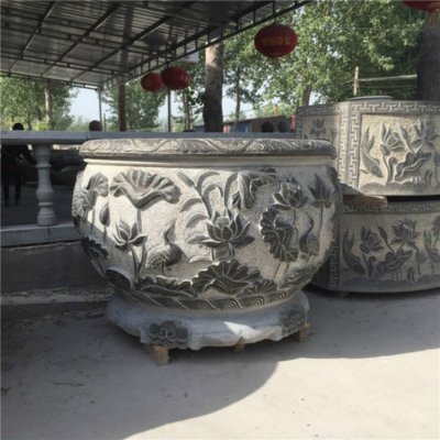 青石石雕浮雕荷花荷叶景观水缸雕塑 