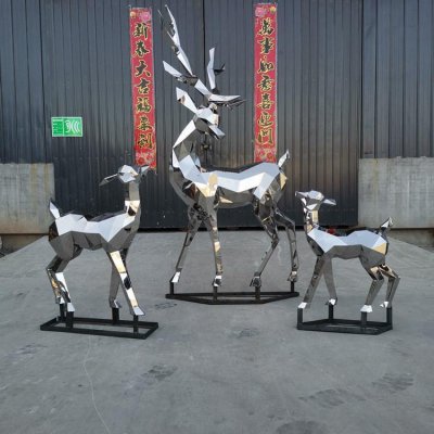 小区户外装饰不锈钢几何抽象小鹿一家三口组合雕塑 
