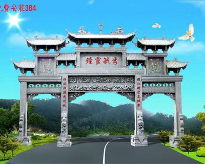 园林景观青石石雕景观三门四柱牌坊雕塑 