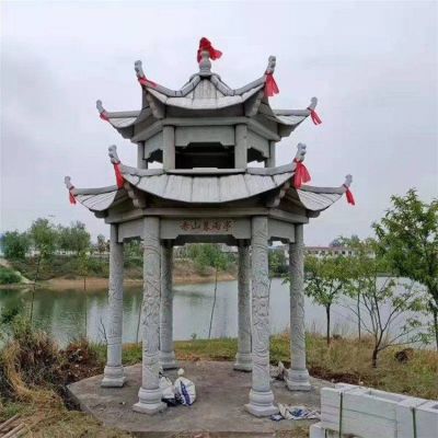 景区池塘安装青石仿古双层顶休息凉亭 