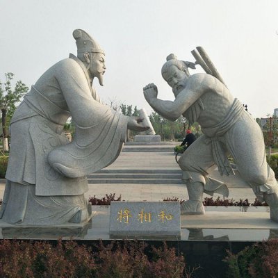 公园广场摆放砂岩雕刻将相和典故雕像