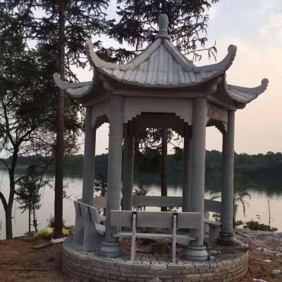 河边创意青石是的中式古建筑凉亭雕塑 
