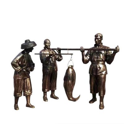 公园海边玻璃钢仿铜渔文化称鱼情景小品 文化雕塑作品乡村绘画理念