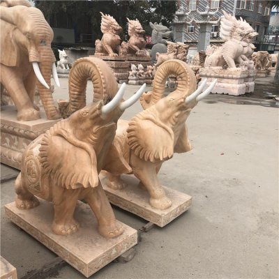 晚霞红大象，吸财动物摆件石雕大象 