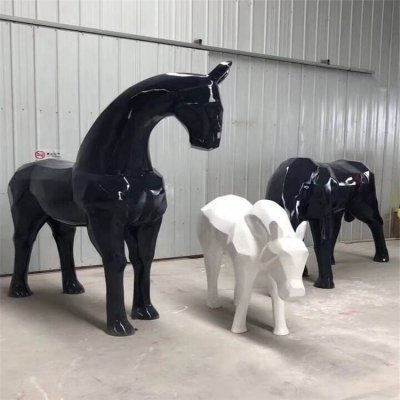 园林三只黑白玻璃钢几何抽象马雕塑 