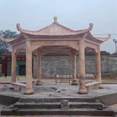 晚霞红石雕中式古建筑凉亭雕塑 