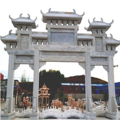 大型镇宅辟邪古建筑三门四柱牌楼雕塑 牌楼雕塑花岗岩工厂不锈钢入口
