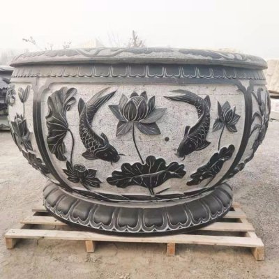 庭院摆放中式青石浮雕荷花水缸 