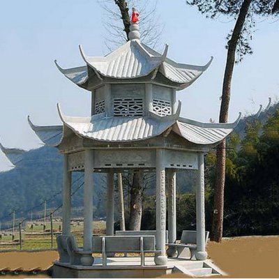 青石石雕景观户外园林双层凉亭雕塑 