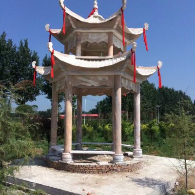 景观晚霞红石雕树双层中式古建筑六角凉亭雕塑 