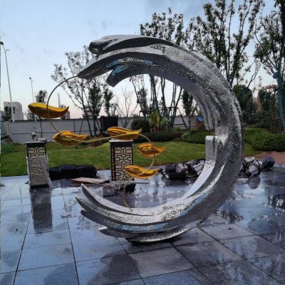 小区售镂处园林装饰不锈钢圆环鱼景观雕塑 圆环雕塑厂家北票舒兰文登