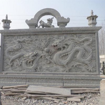 浮雕二龙戏珠大理石石雕影壁雕塑 影壁雕塑石雕效果图制作晚霞