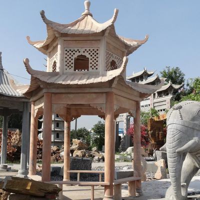 晚霞红石雕双层景观凉亭雕塑 