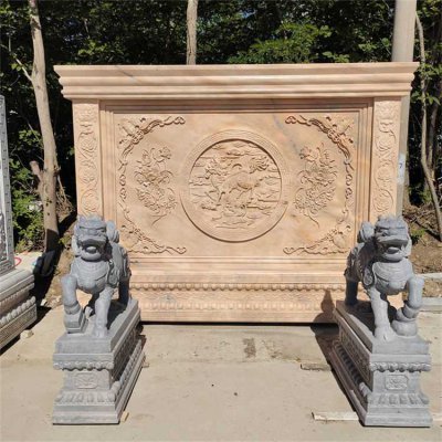 园林户外景观晚霞红石雕大型影壁雕塑 影壁雕塑价格圆形过程墙砖