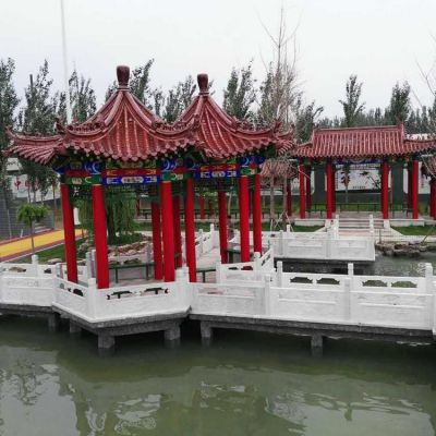 公园水池造景中式仿古建筑实木防腐木六角凉亭 凉亭雕塑石雕厚度围栏大红色