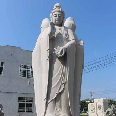 石雕观音像汉白玉佛像三面观音雕像景点寺庙摆件 