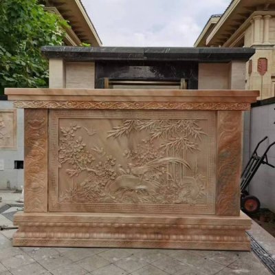 别墅玄关安装晚霞红石材浮雕画影背墙 石浮雕雕塑图片尺寸摆件平邑