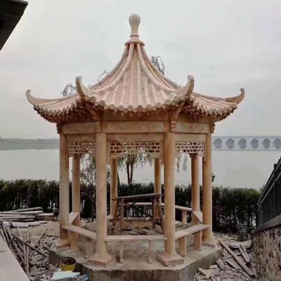 晚霞红石雕户外园林古建筑凉亭雕塑 