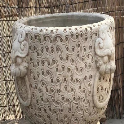 汉白玉石雕水缸 