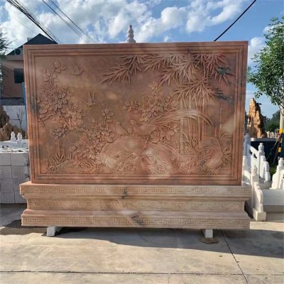 四合院玄关摆放晚霞红浮雕中式壁画背景墙 壁画雕塑价格素材景观青石