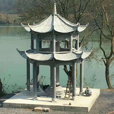 青石石雕中式古建筑双层凉亭雕塑 