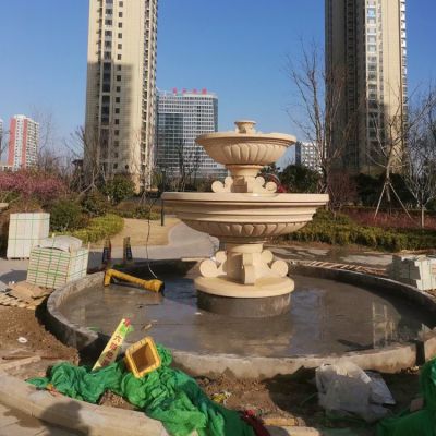 小区公园户外水池摆放欧式花岗岩二层水钵喷泉 水钵雕塑水景专业黄锈石优质