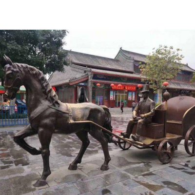 古镇商业街摆放玻璃钢仿铜马车西方人物雕塑 马车雕塑大道车的大型白马