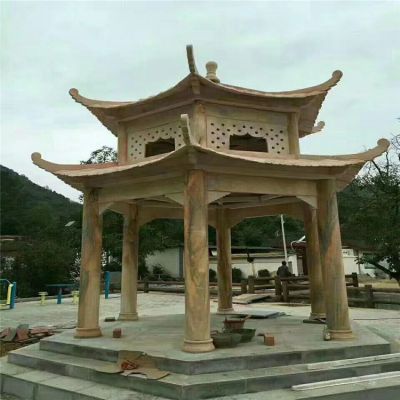 晚霞红石雕双层景观古建筑凉亭雕塑 