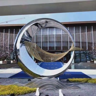 户外创意抽象鲸鱼不锈钢圆环雕塑 鲸鱼雕塑鱼尾铜雕游乐园浮雕